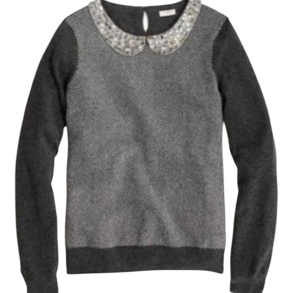 J Crew Women's Gray Jewel Collar Herringbone Sweater Size XS Merino Wool - Picture 5 of 9
